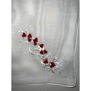 Vtg Wedding Bride Handkerchief Embroidered Valentine Hearts White Hanky 13"